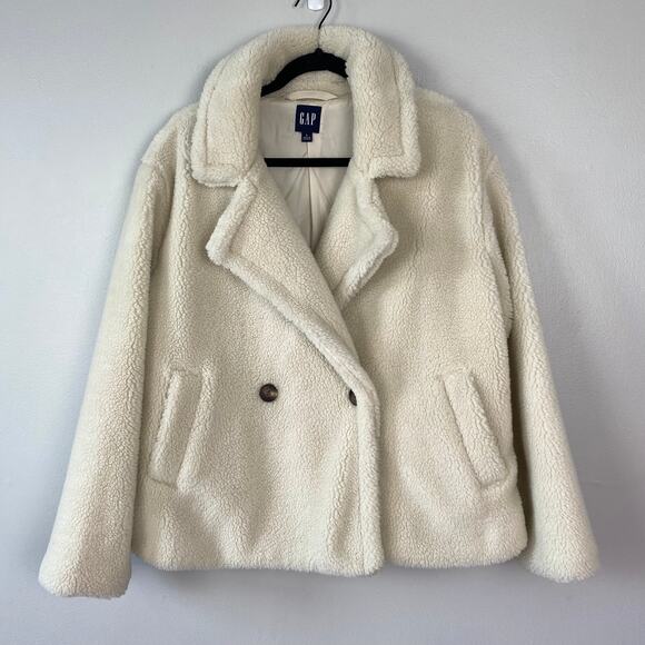 GAP Sherpa Jacket Coat Birch Off White Double Breasted Faux Fur Size Large - Picture 2 of 7